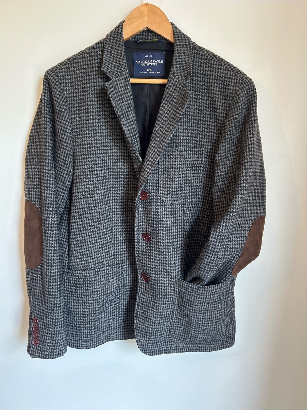 American Eagle Men's Houndstooth Wool Blend Blazer Jacket Elbow Patches Size M
